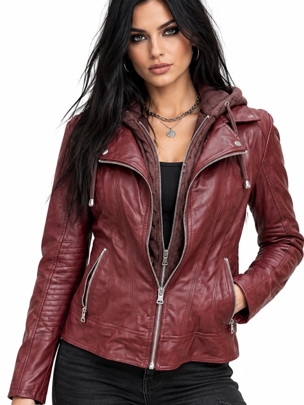 Guess Burgundy Red Leather Moto Jacket with Hooded Liner